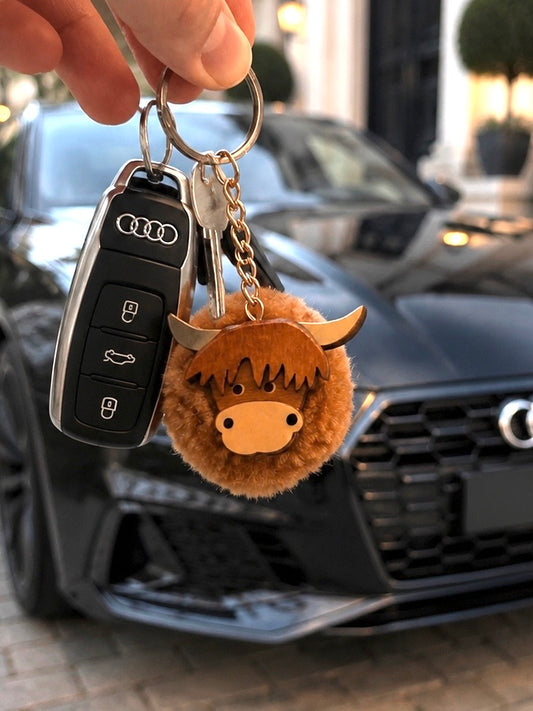 Highland Cow Pom Pom Keychain